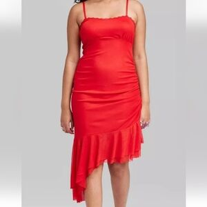 WILD FABLE NWT Red Mesh Midi Dress Tank Ruched Red Ruffle Valentines Day‎ Small